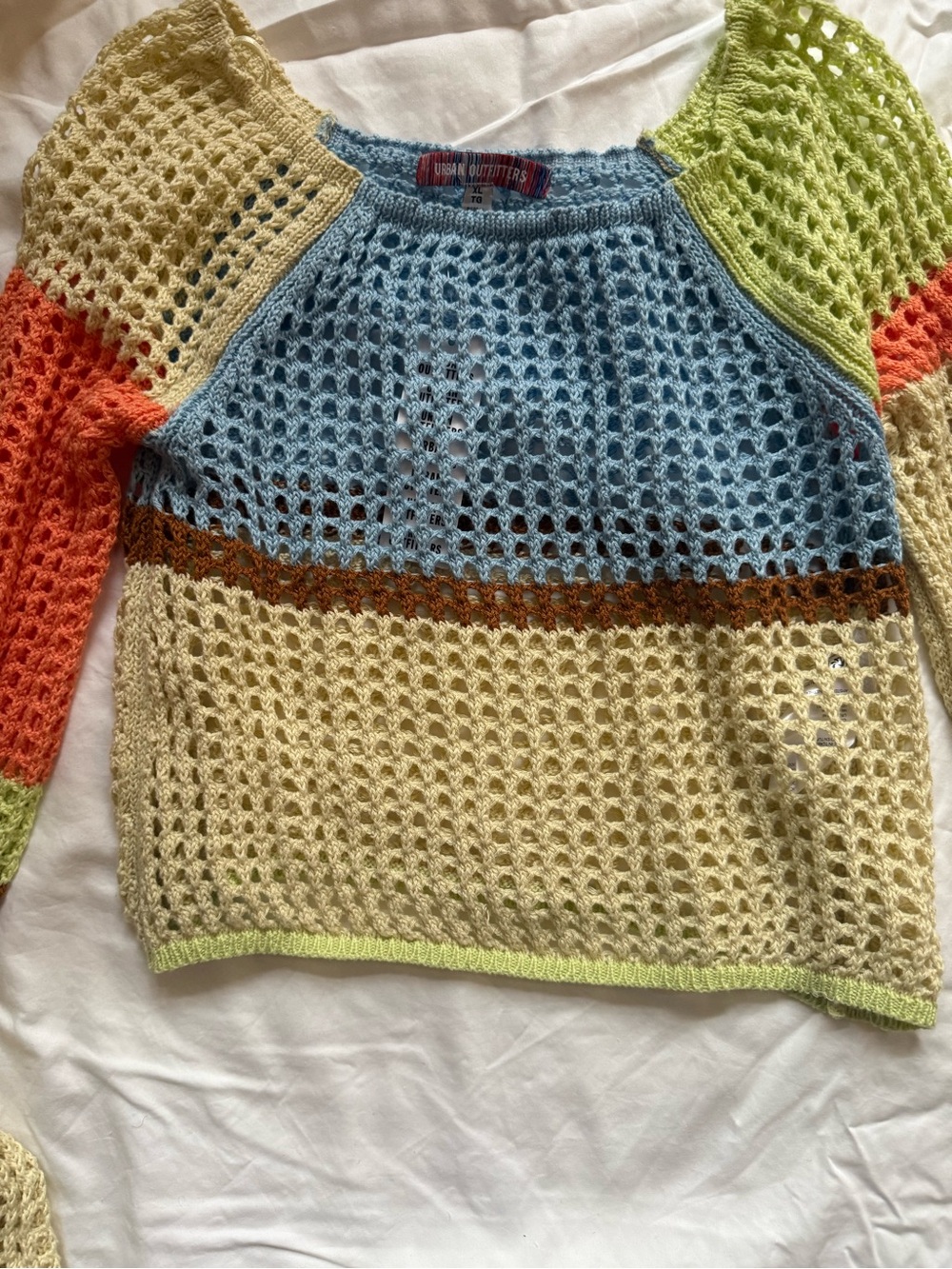 Urban Outfitters Open-Knit Colorblock Sweater — Blue, Cream, Orange, Lime